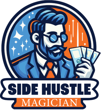 www.sidehustlemagician.com logo. The image shows a vibrant logo featuring a bearded man in a suit with glasses, holding a fan of cash in one hand. He's set against a circular background, split with an orange upper half and a blue lower half, sprinkled with white stars. Overlaid on the bottom is a blue banner with the text "SIDE HUSTLE MAGICIAN" in bold white letters, outlined in black. The logo uses a blue and orange color palette, conveying a professional yet whimsical image.