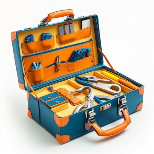 A business toolkit for start-ups and new businesses. A blue and orange briefcase filled with various business tools and traditional tools.