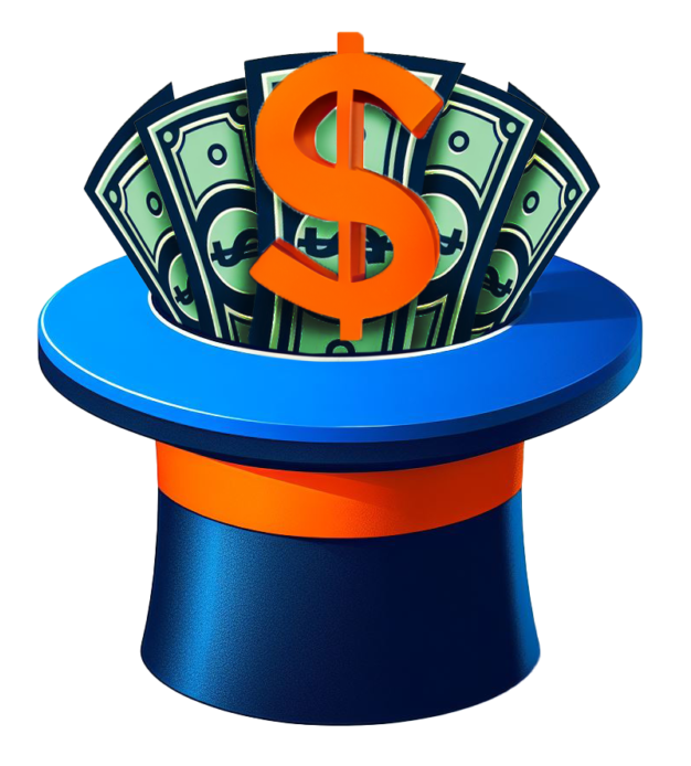 Blue Top Hat with Dollar Bills coming out of it and a dollar symbol representing the money Side Hustle Magician may help you earn.